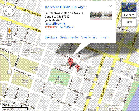 Corvallis street map showing the Library location